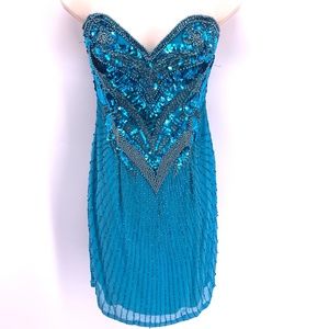 90's Niteline Silk Sequin Turquoise Prom Dress